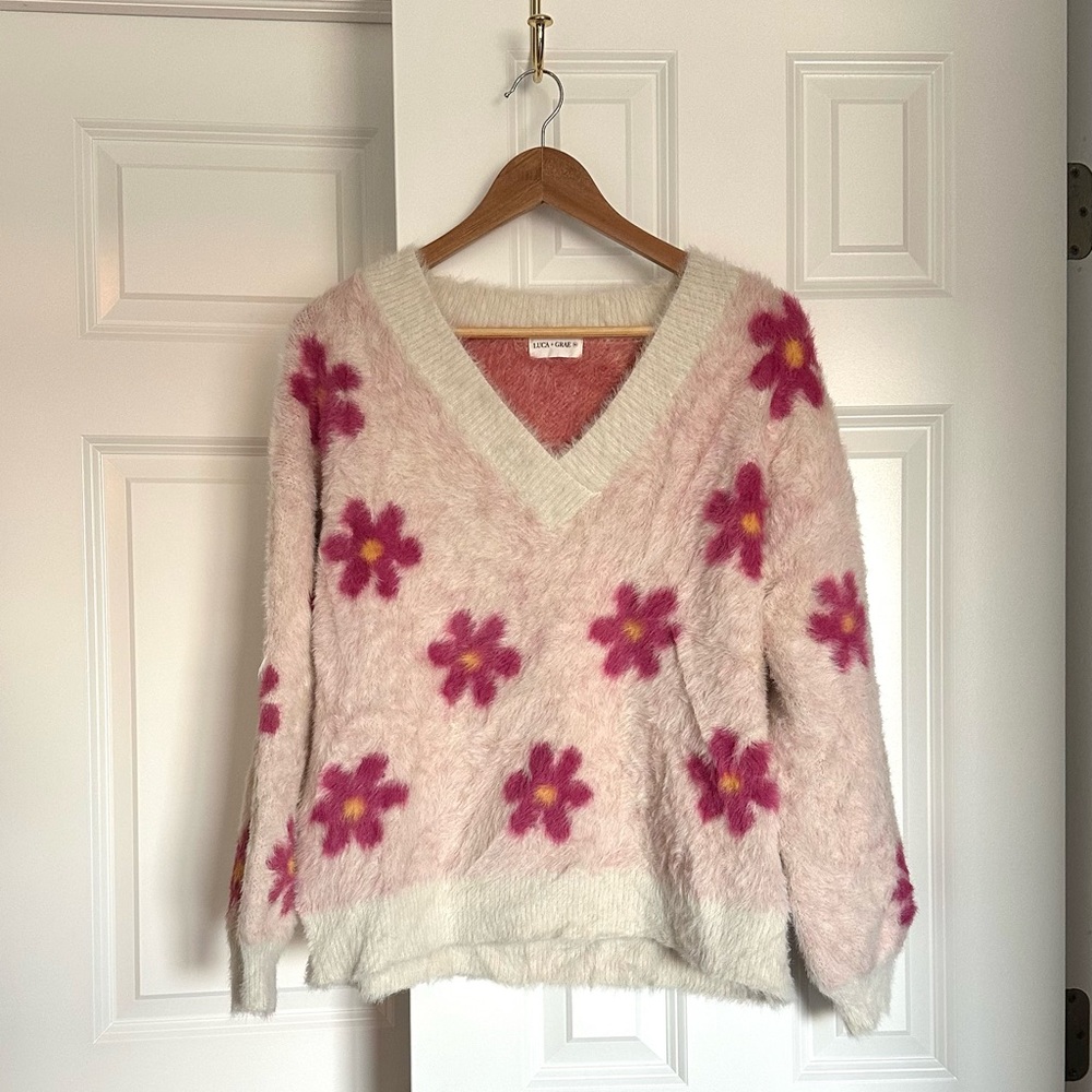 Luca + Grae medium pink fuzzy flower print sweater